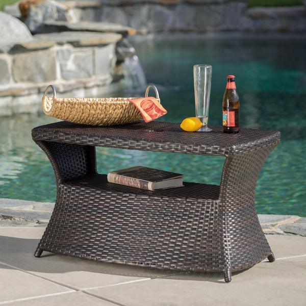 Gdf Studio Banta Outdoor Modern Wicker Shelf Side Table With Umbrella Hole