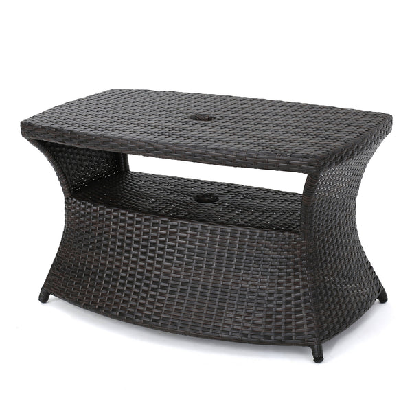 gdf studio Banta Outdoor Modern Wicker Shelf Side Table with Umbrella Hole