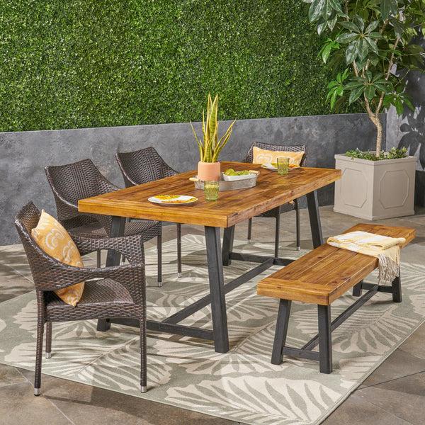 Gdf Studio Barron Outdoor 6 Piece Dining Set With Wicker Chairs And Bench Sandblast Teak And Multi Brown And Cream
