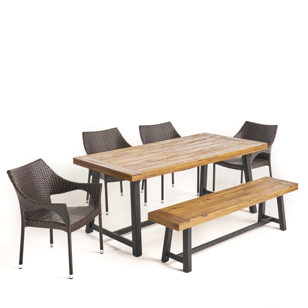 gdf studio Barron Outdoor 6 Piece Dining Set with Wicker Chairs and Bench Sandblast Teak and Multi Brown and Cream