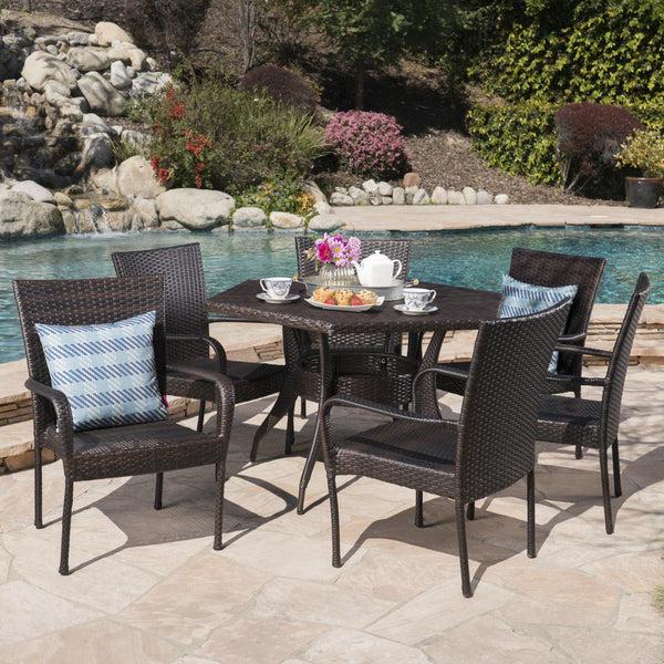 Gdf Studio Basil Outdoor 7 Piece Wicker Hexagon Dining Set With Stacking Chairs
