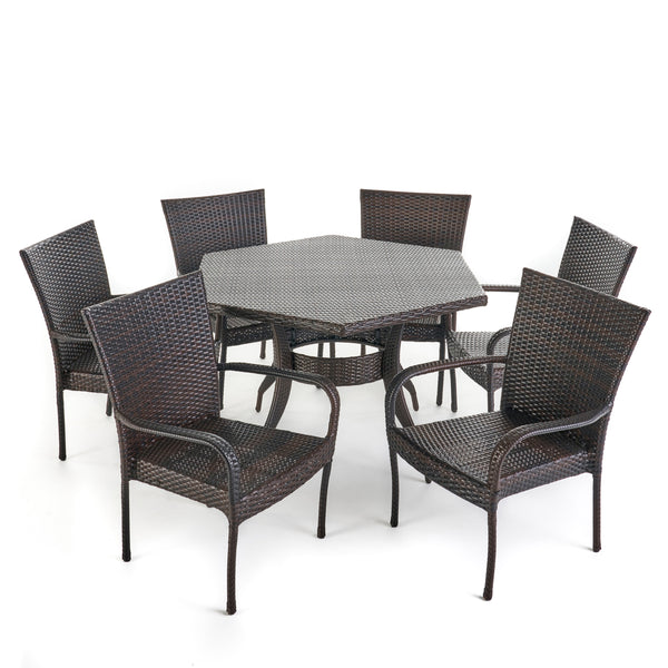 gdf studio Basil Outdoor 7 Piece Wicker Hexagon Dining Set with Stacking Chairs