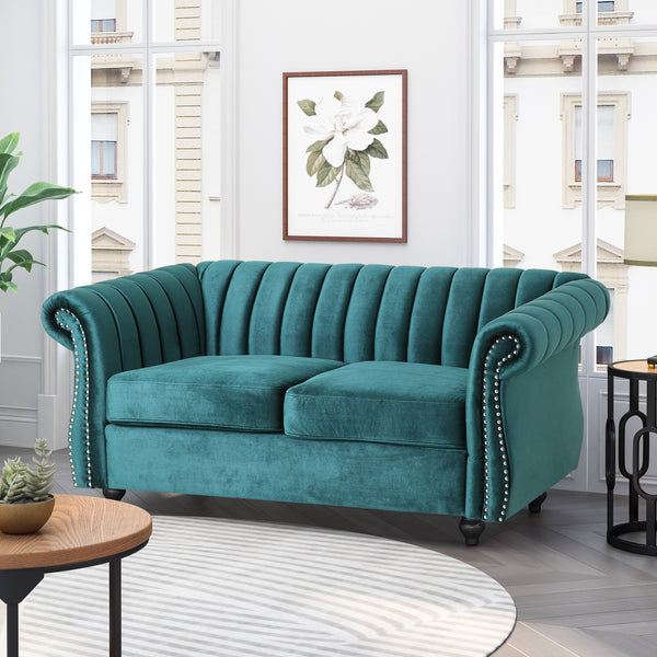 gdf studio Bauman Modern Glam Channel Stitch Loveseat with Nailhead Trim