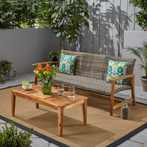 Gdf Studio Beacher Belloc Outdoor Wood And Wicker Sofa And Coffee Table Set