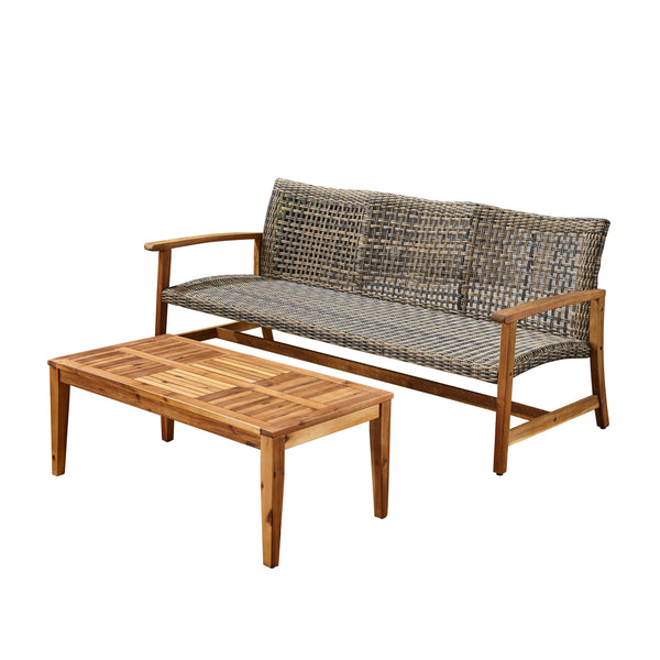 gdf studio Beacher Belloc Outdoor Wood and Wicker Sofa and Coffee Table Set