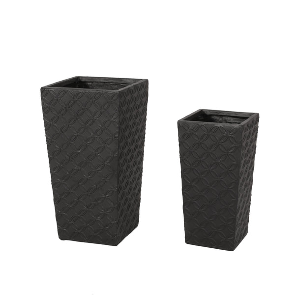 gdf studio Beadles Outdoor Large and Medium Cast Stone Planters Set of 2 Matte Black