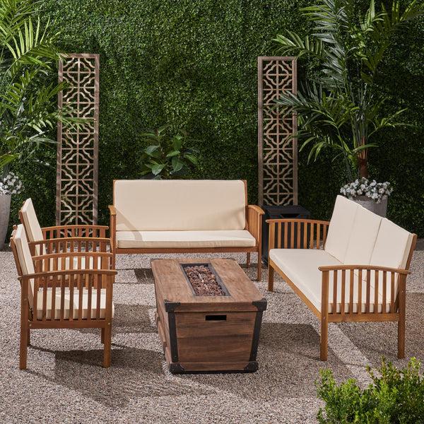 Gdf Studio Beckley Outdoor 4 Piece Acacia Wood Conversational Set With Cushions And Fire Pit