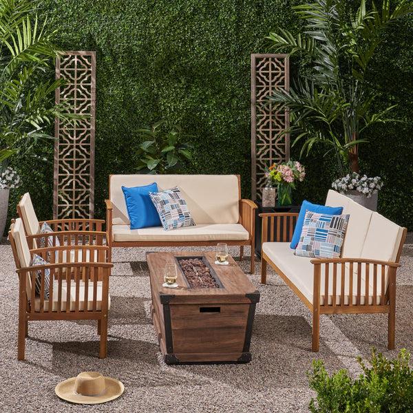 Gdf Studio Beckley Outdoor 4 Piece Acacia Wood Conversational Set With Cushions And Fire Pit