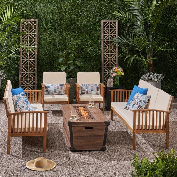 Gdf Studio Beckley Outdoor 4 Piece Acacia Wood Conversational Sofa Set With Cushions And Fire Pit