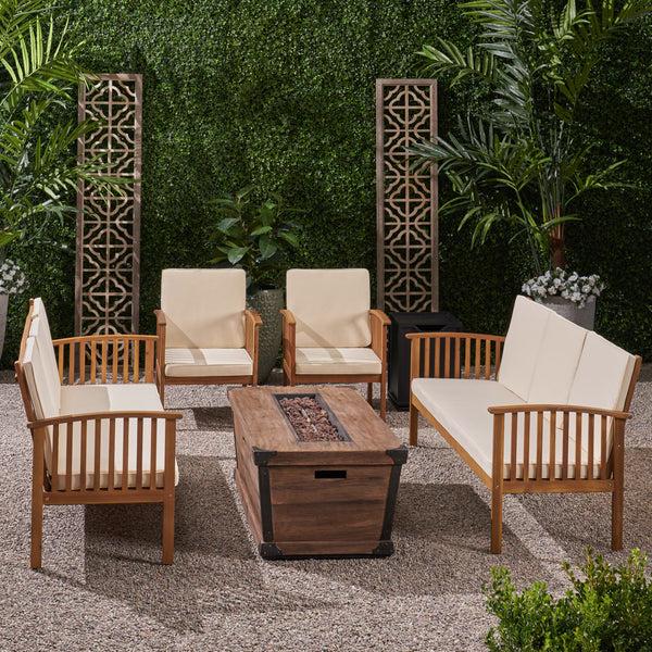 Gdf Studio Beckley Outdoor 4 Piece Acacia Wood Conversational Sofa Set With Cushions And Fire Pit