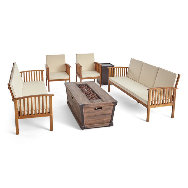 gdf studio Beckley Outdoor 4 Piece Acacia Wood Conversational Sofa Set with Cushions and Fire Pit