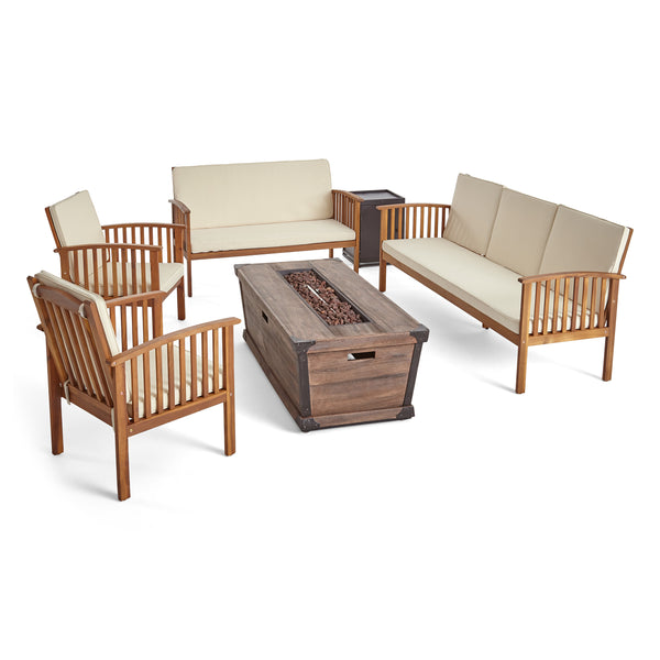 gdf studio Beckley Outdoor 4 Piece Acacia Wood Conversational Set with Cushions and Fire Pit