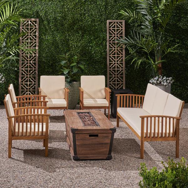 Gdf Studio Beckley Outdoor 5 Piece Acacia Wood Conversational Set With Cushions And Fire Pit