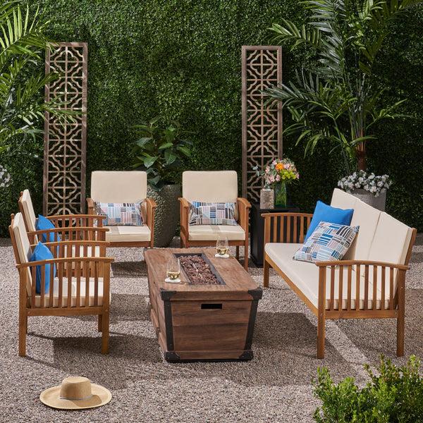 Gdf Studio Beckley Outdoor 5 Piece Acacia Wood Conversational Set With Cushions And Fire Pit