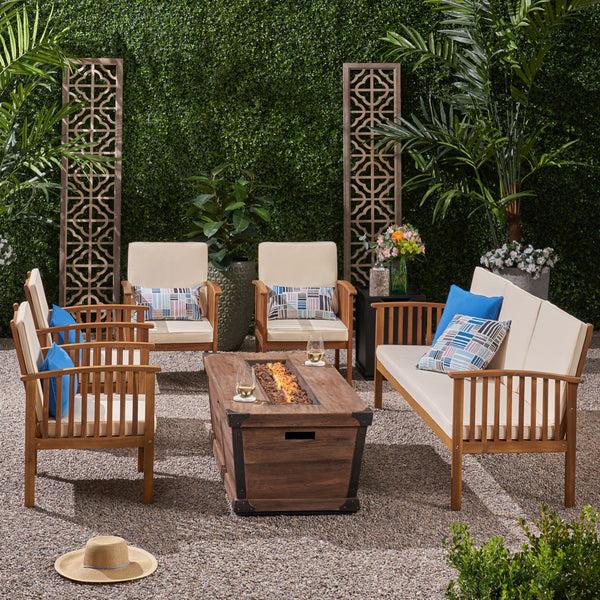 Gdf Studio Beckley Outdoor 5 Piece Acacia Wood Conversational Set With Cushions And Fire Pit