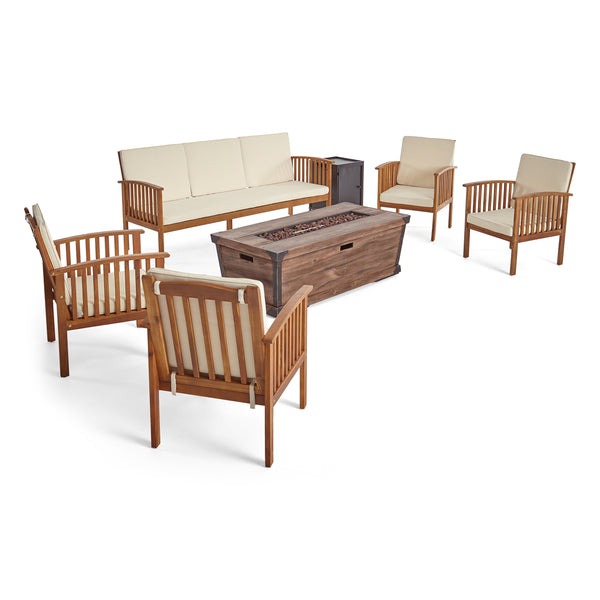 gdf studio Beckley Outdoor 5 Piece Acacia Wood Conversational Set with Cushions and Fire Pit