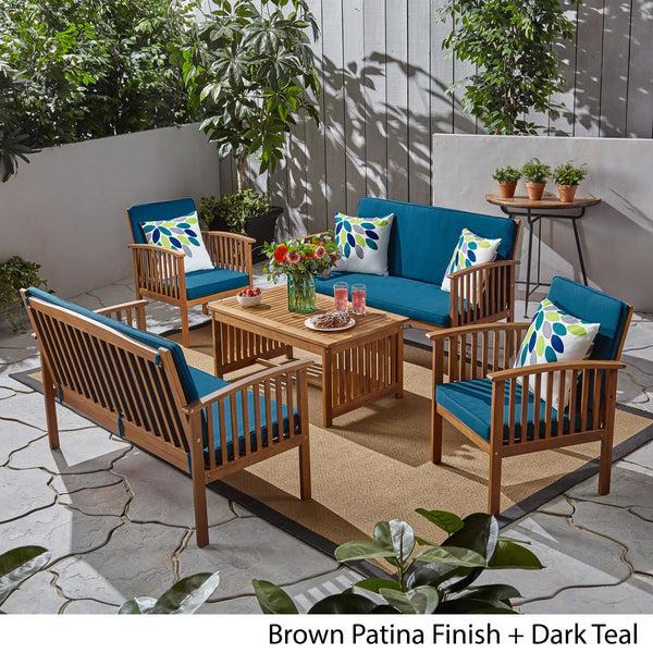 Gdf Studio Beckley Outdoor Acacia Wood 6 Seater Conversation Set With Coffee Table