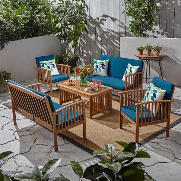 Gdf Studio Beckley Outdoor Acacia Wood 6 Seater Conversation Set With Coffee Table