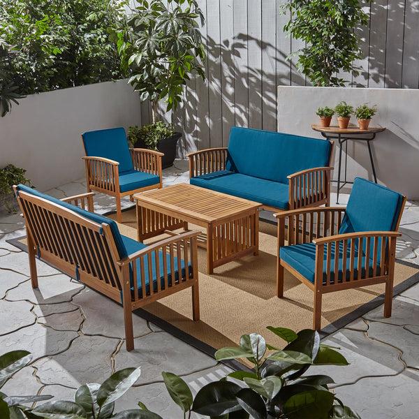 Gdf Studio Beckley Outdoor Acacia Wood 6 Seater Conversation Set With Coffee Table