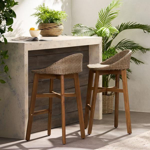 Gdf Studio Beeson Outdoor Wicker And Acacia Wood 30 Inch Barstools Set Of 2 Light Multibrown And Teak