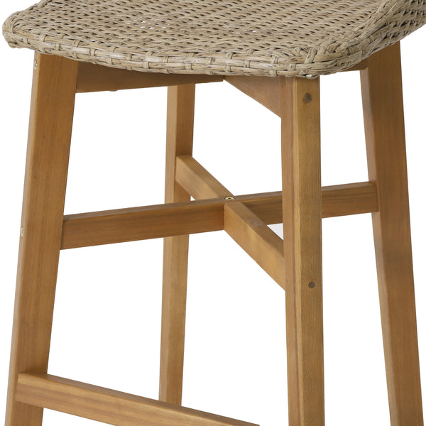 Gdf Studio Beeson Outdoor Wicker And Acacia Wood 30 Inch Barstools Set Of 2 Light Multibrown And Teak