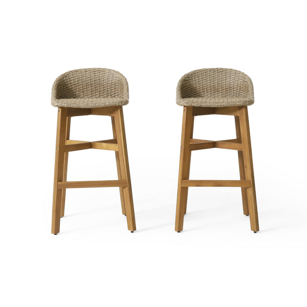 gdf studio Beeson Outdoor Wicker and Acacia Wood 30 Inch Barstools Set of 2 Light Multibrown and Teak