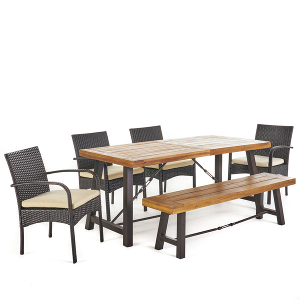 gdf studio Belen Outdoor 6 Piece Teak Finished Acacia Wood Dining Set with Dining Chairs