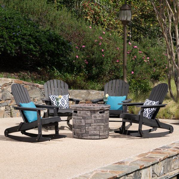 Gdf Studio Belfast Outdoor Acacia Wood 5 Piece Adirondack Rocking Chair And Fire Pit Set
