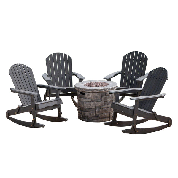 gdf studio Belfast Outdoor Acacia Wood 5 Piece Adirondack Rocking Chair and Fire Pit Set