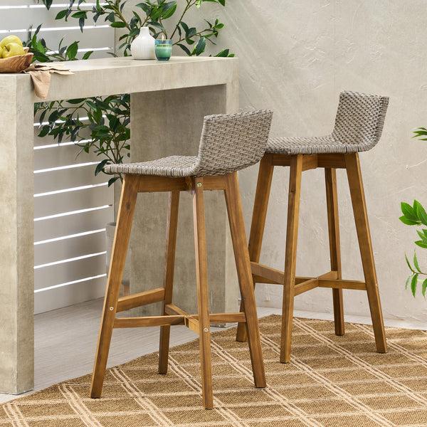 Gdf Studio Bellagio Outdoor Acacia Wood & Wicker Barstools (Set Of 2)