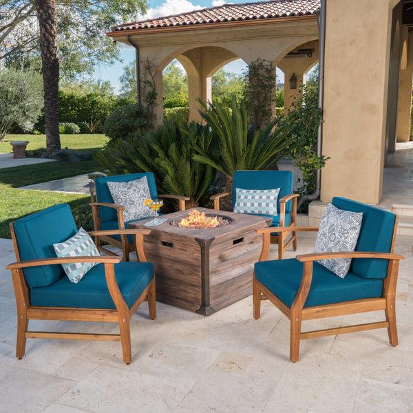 Gdf Studio Belle Outdoor 4 Seat Fire Pit Chat Set With Teak Finished Acacia Wood Club Chairs
