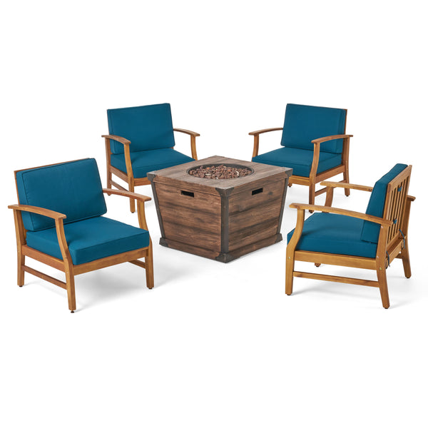 gdf studio Belle Outdoor 4 Seat Fire Pit Chat Set with Teak Finished Acacia Wood Club Chairs