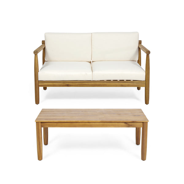 gdf studio Benewah Outdoor Acacia Wood Loveseat and Coffee Table with Cushions