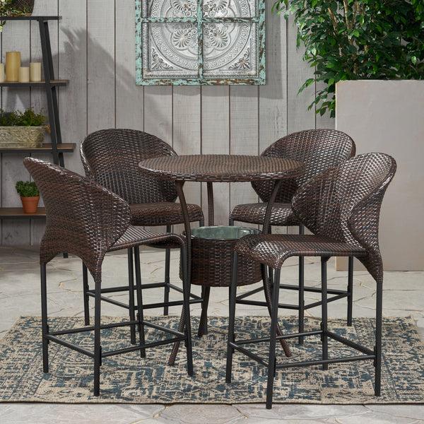 Gdf Studio Bennett Outdoor 5-Piece Multi-Brown Wicker Bistro Bar Set With Ice Bucket