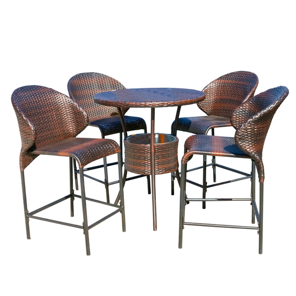 gdf studio Bennett Outdoor 5-Piece Multi-Brown Wicker Bistro Bar Set with Ice Bucket