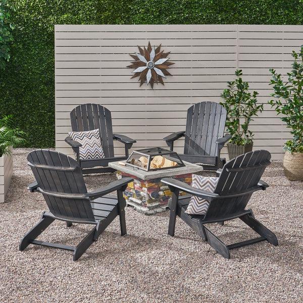 Gdf Studio Benson Outdoor 5 Piece Acacia Wood/ Light Weight Concrete Adirondack Chair Set With Fire Pit