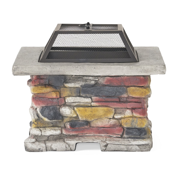 Gdf Studio Benson Outdoor 5 Piece Acacia Wood/ Light Weight Concrete Adirondack Chair Set With Fire Pit