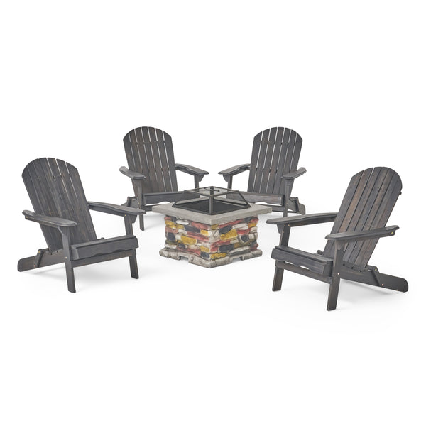 gdf studio Benson Outdoor 5 Piece Acacia Wood/ Light Weight Concrete Adirondack Chair Set with Fire Pit