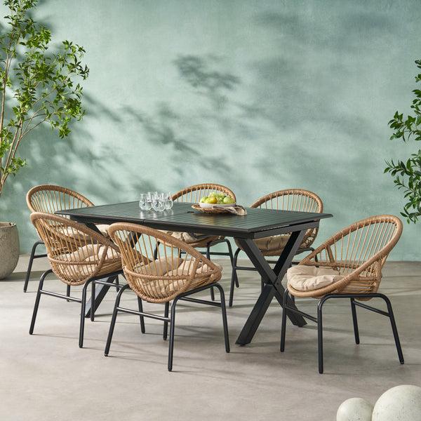 Gdf Studio Benway Outdoor Wicker And Aluminum 7 Piece Expandable Dining Set With Cushion Light Brown Beige And Black