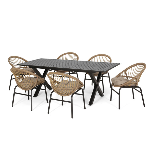 gdf studio Benway Outdoor Wicker and Aluminum 7 Piece Expandable Dining Set with Cushion Light Brown Beige and Black