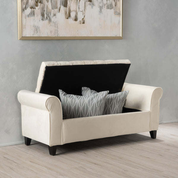 Gdf Studio Berggren Contemporary Rolled Arm Velvet Storage Ottoman Bench Ivory And Dark Brown