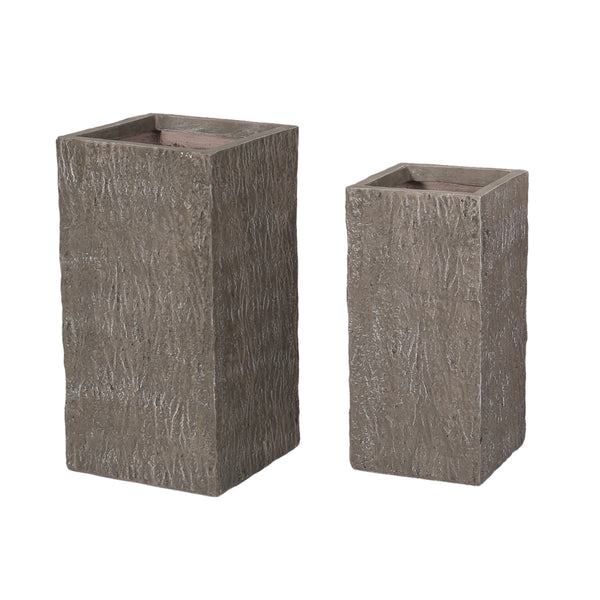gdf studio Berkamn Outdoor Large and Medium Cast Stone Planters Set of 2 Brown Wood