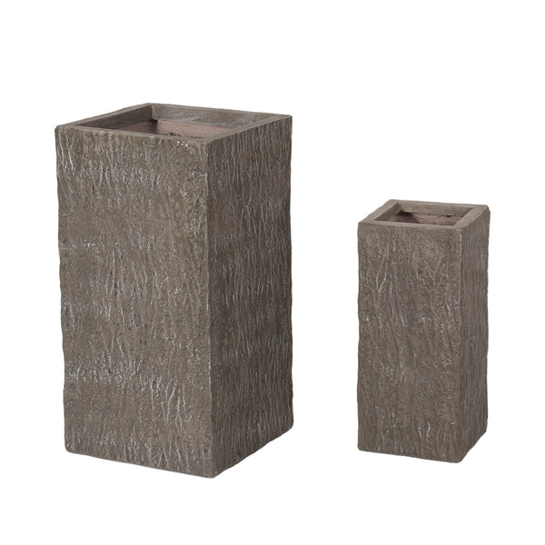 gdf studio Berkamn Outdoor Large and Small Cast Stone Planters Set of 2 Brown Wood