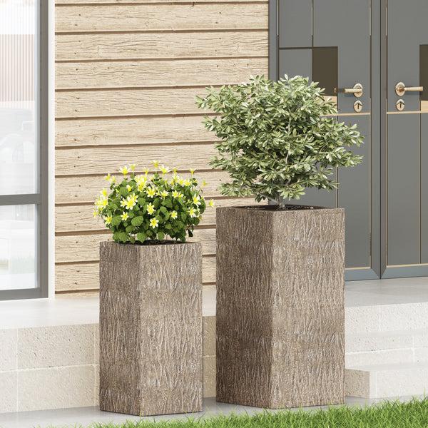 Gdf Studio Berkamn Outdoor Medium And Small Cast Stone Planters Set Of 2 Brown Wood