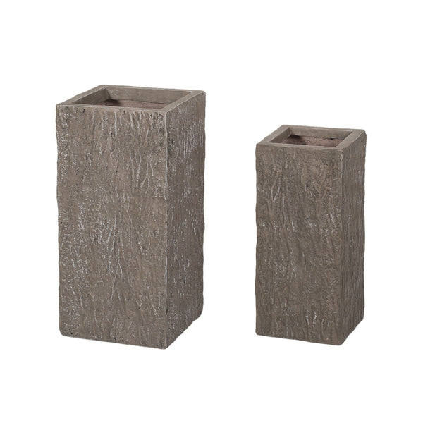 gdf studio Berkamn Outdoor Medium and Small Cast Stone Planters Set of 2 Brown Wood