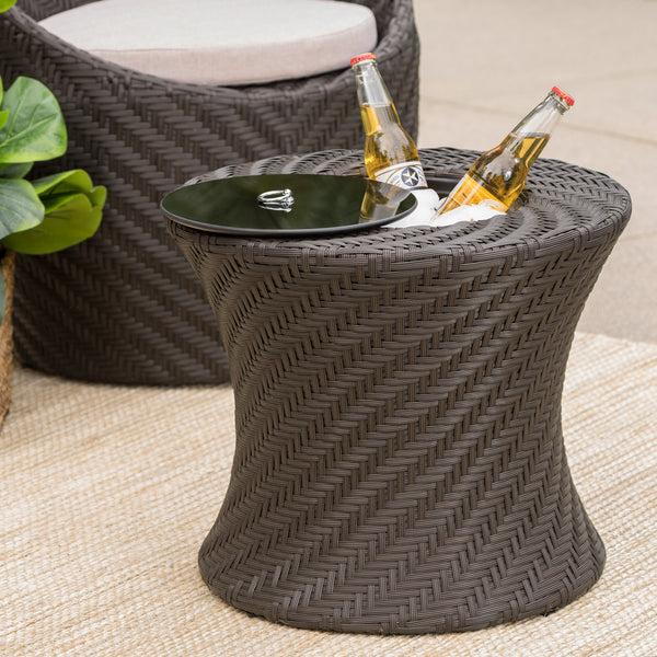 Gdf Studio Berkshire Outdoor Brown Wicker Accent Table With Ice Bucket