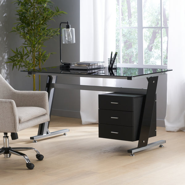 Gdf Studio Berlin Modern Tempered Glass Computer Desk With Storage