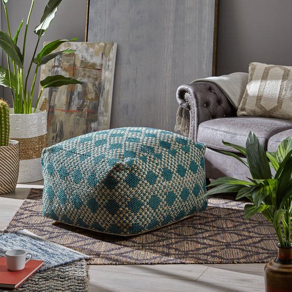 Gdf Studio Betty Large Square Casual Pouf Boho Beige And Teal Yarn