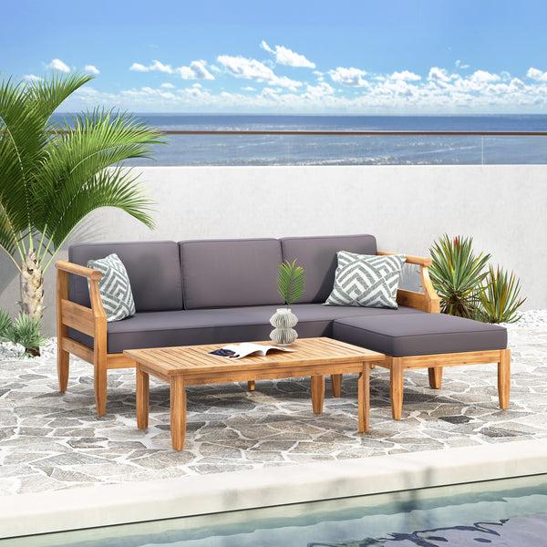 Gdf Studio Bianca Mid-Century Modern Acacia Wood 3 Seater Sofa Chat Set With Ottoman Teak And Dark Gray
