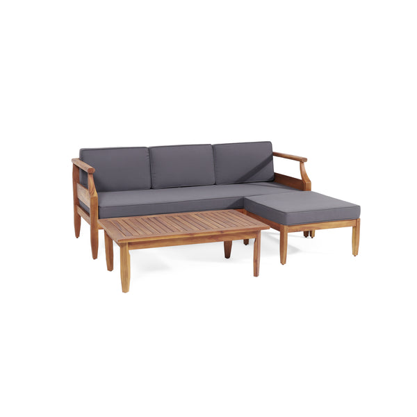 gdf studio Bianca Mid-Century Modern Acacia Wood 3 Seater Sofa Chat Set with Ottoman Teak and Dark Gray